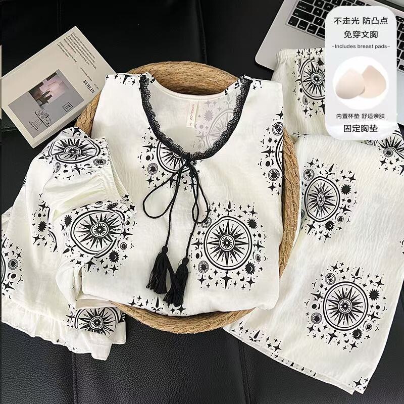 Three-Piece Pajama Set for Women, New Summer Style with Chest Pads, Small Flying Sleeves, Shorts, Long Pants, Bohemian Resort Style Home Wear Three-Piece Pajama Set for Women, New Summer Style with Chest Pads, Small Flying Sleeves, Shorts, Long Pants, Bohemian Resort Style Home Wear