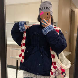 韩系复古棉服女2025冬季新款棉衣灯芯绒棉袄假两件格纹学生厚外套