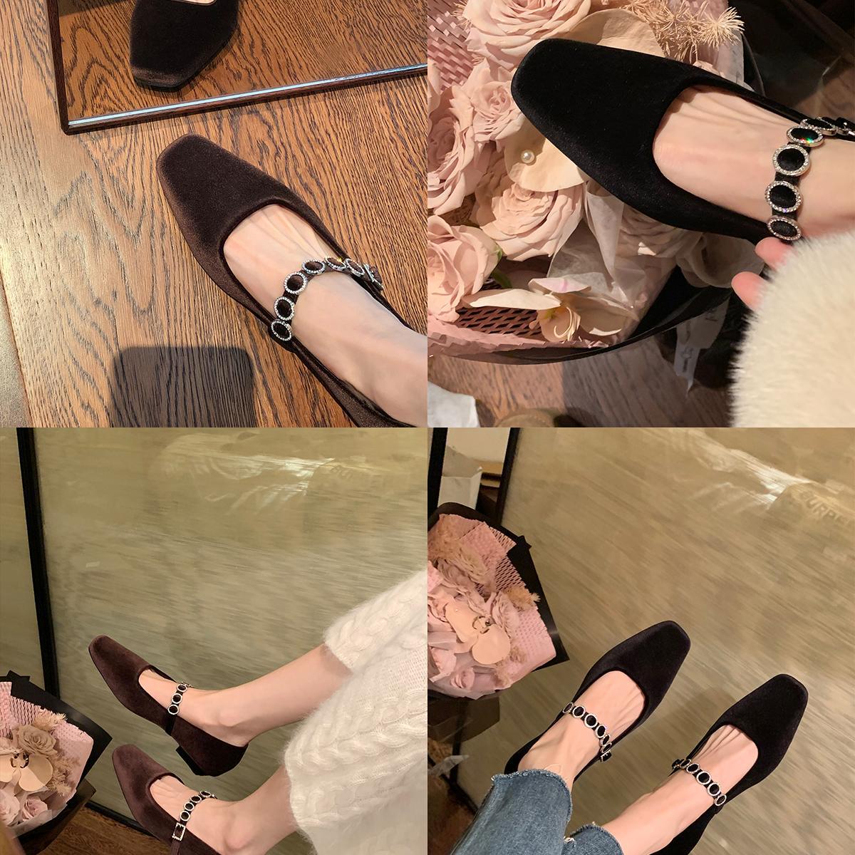 Versión de piel de oveja ~ Grape Madre estilo francés cuadrado superficial tacones altos con tacones bajos zapatos de zapatos Mary Jane para mujeres