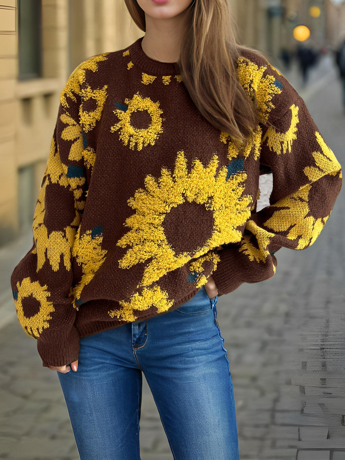Women's Sunflower Jacquard Knitted Pullover Sweater For Winter_voghion.com