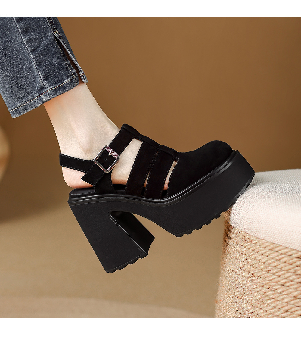 Sandal cao gót nữ mũi kín quai T đế xuồng phong cách La Mã — Da cừu lông đen, Da bò đen chi tiết 6