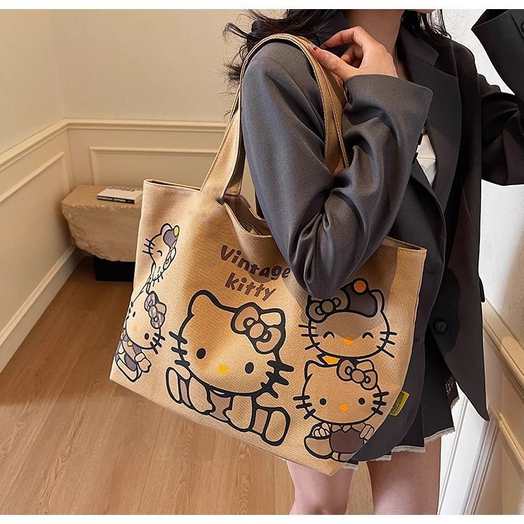 Cartoon canvas single-shoulder bag, women's large-capacity commuter tote bag, Spring/Summer 2025, cute cat tote bag, cross-border undefined