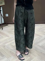 早秋新款松紧腰复古亮丝提花阔腿镰刀裤国风香蕉裤16