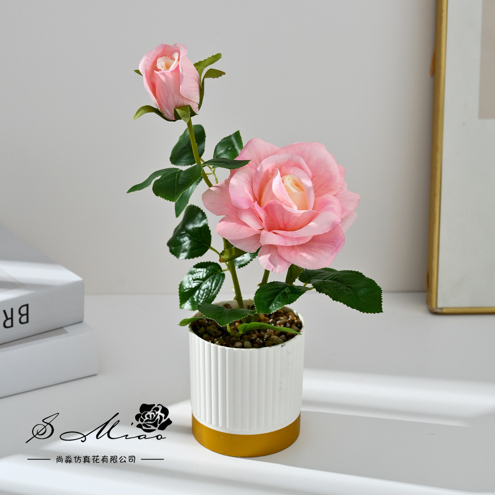 Cross-border dos extremos rosa bonsai moda imitación maceta flores falsas decoración del hogar fotografía ornamentos de flores artificiales de boda