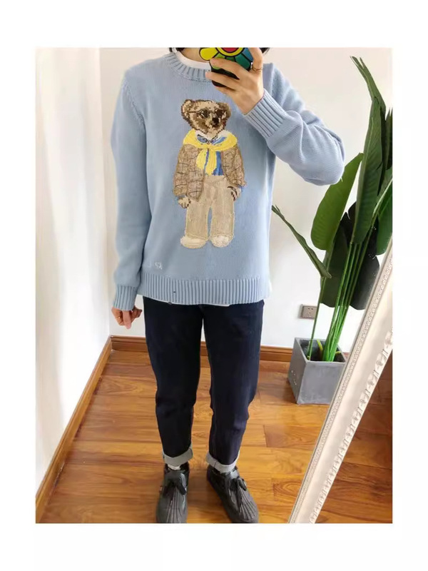 ポニー ~ 秋冬新作定番ポニー刺繍スカイブルーシンプル黄色スカーフベアーニットセーター|undefined
