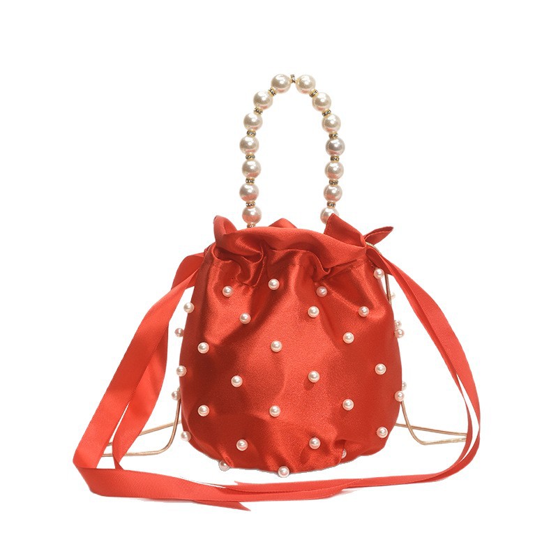 Elegante Damen Handtasche Aus Plissee Seide Mit Perlenkette_voghion.com