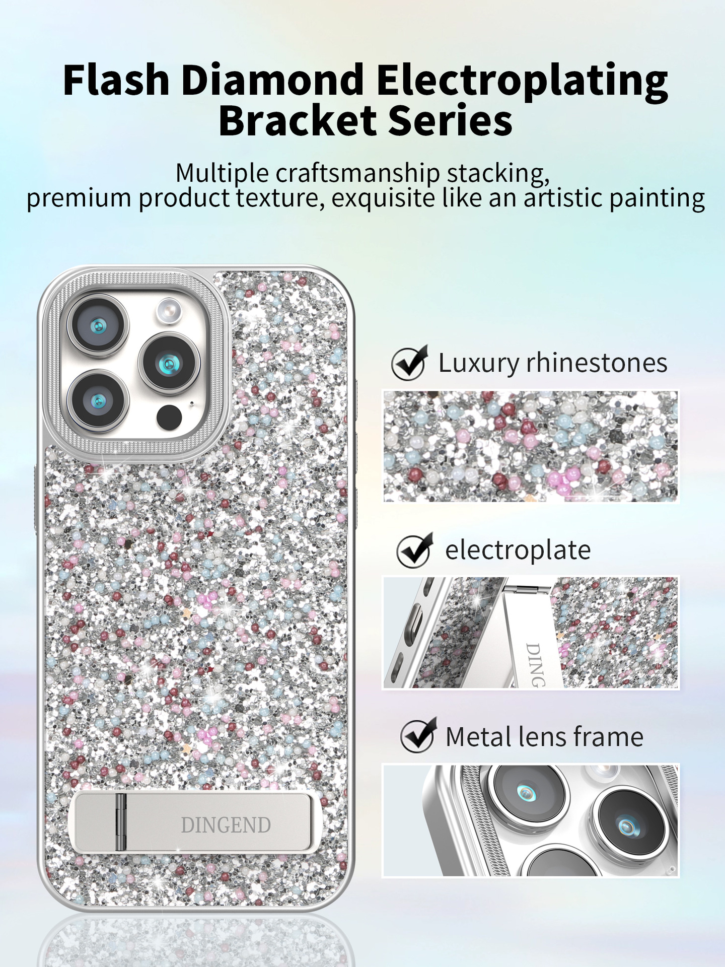 Ốp lưng iPhone đính đá sang trọng, chân đế kim cương, chống sốc viền dày cho 16 Pro Max / 15 / 14 Pro — Trắng đàn piano, Đen kinh điển, Màu vàng đậm chi tiết 3