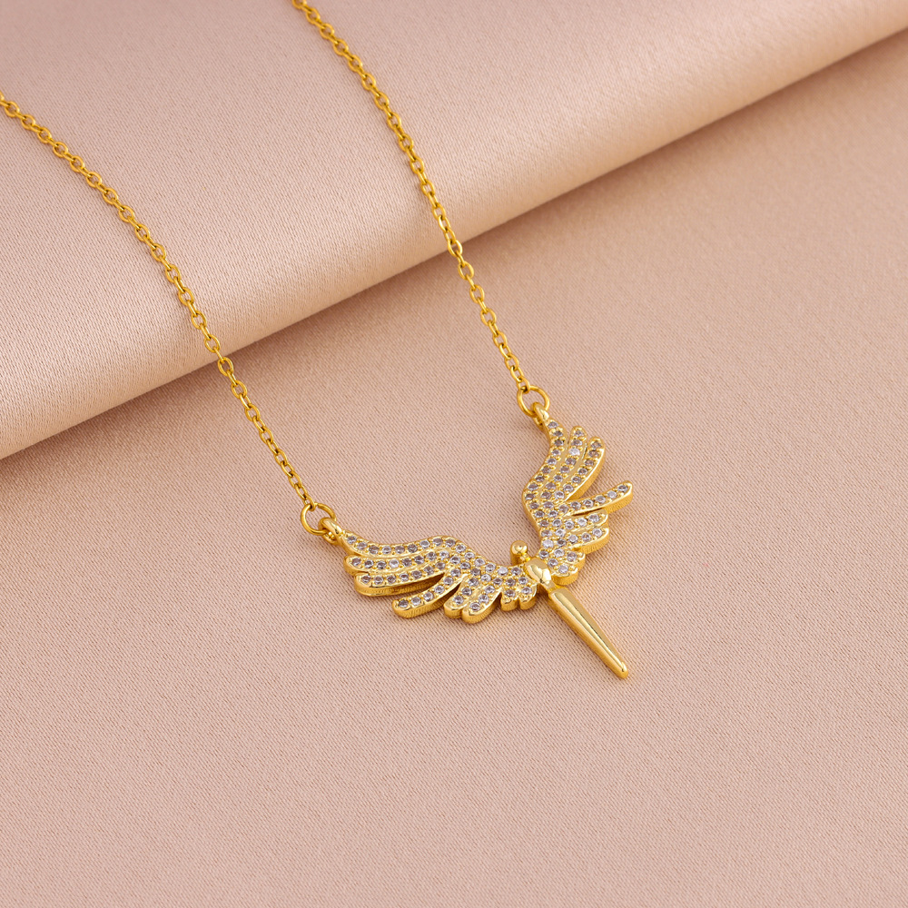 Popular micro-inlaid zirconium angel wings necklace stud earrings set_voghion.com