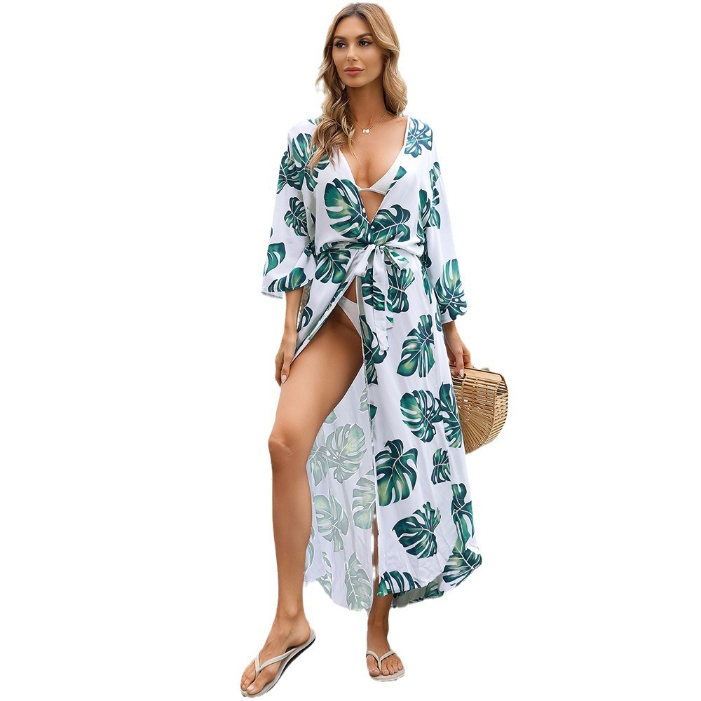 Europeo y americano de secado rápido hoja de plátano impreso sexy cardigan playa vestido bikini blusa traje de baño protección solar camisa 1D36