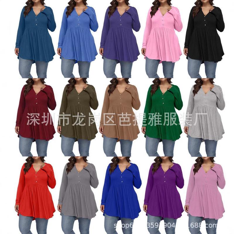 2026 Amazon Ebay European and American Export Autumn and Winter New Style V-Neck Button Pleated Women's Solid Color Long-Sleeved Large Size T-Shirt
