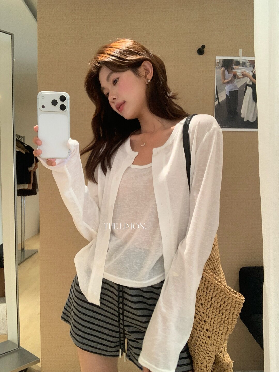 Bộ cardigan len mỏng kèm áo hai dây hai mảnh nữ mùa hè — Xám cacbon, xanh lam, màu hồng, Đậu xanh chi tiết 80