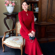 大码女装高级感新中式红色针织旗袍改良连衣裙袖肥复古鱼尾裙1959