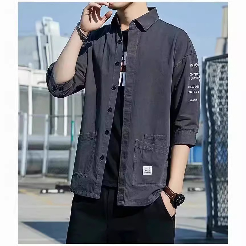 Autumn and Summer Men's Tooling Shirt Cotton Korean Style Cropped Short-sleeved Men's Loose Casual Shirt Half-sleeved Coat Trendy