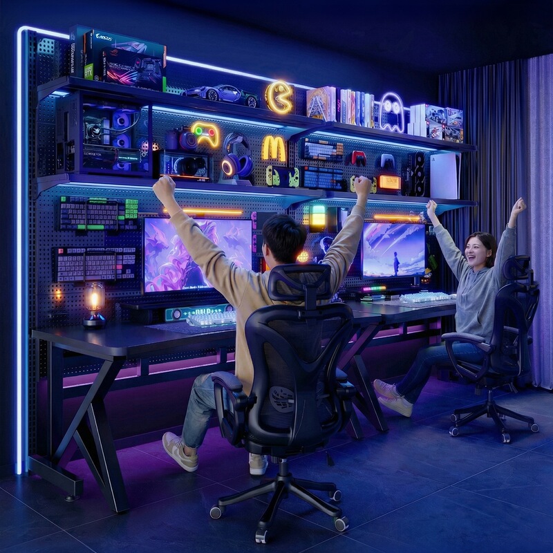 Double computer desk, desktop, home use, with pegboard, bookshelf, and storage shelf combination, suitable for gaming and esports Double computer desk, desktop, home use, with pegboard, bookshelf, and storage shelf combination, suitable for gaming and esports