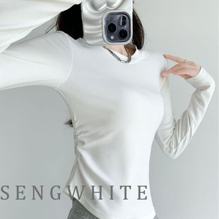 Round neck pure wind elastic waist solid color shoulder women's design sense hot girl t slim fit small waist top bottoming shirt