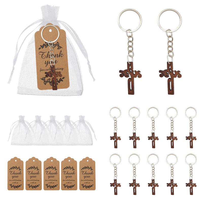 Cross-border Explosions Wooden Brand Cross Keychain Party Gift Kraft Paper Label and Organza Bag Baptism Gift