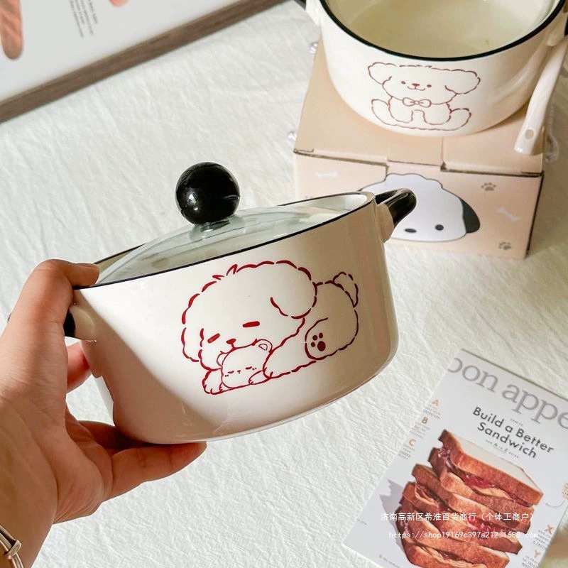 Инст韩韩? - need clean: Ins Korean cute puppy ceramic instant noodle bowl with lid student dormitory instant noodle bowl high-looking snail noodle bowl