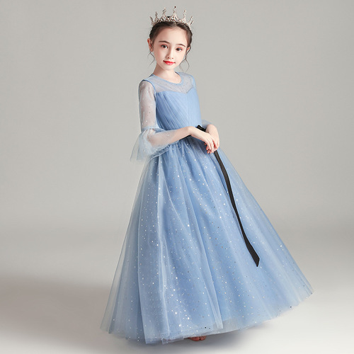 Children's Long Sleeve Dress 2024 New Style Trendy Flower Girl Host Piano Performance Dress