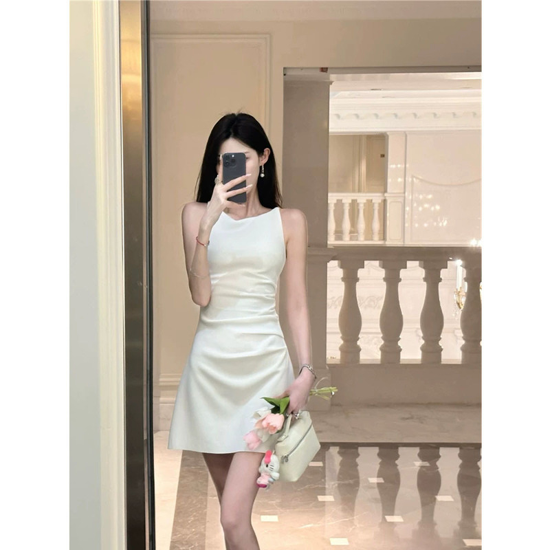 Factory-Made Short and Long French-Style Simple Black and White Spaghetti Strap Cocktail Dress, Elegant Slim-Fit Dress for Women