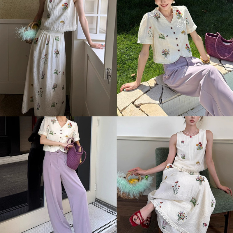 【事事幽】亚麻重工绣花短袖T恤女夏慵懒风半身裙套装|undefined