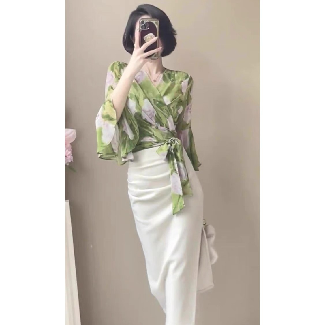 Set áo sơ mi hai mảnh váy liền nữ thần khí chất mùa hè — Áo xanh + váy trắng