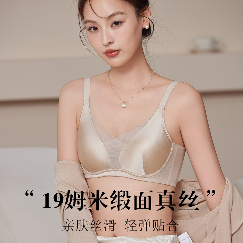 Tangge 19mm Satin Silk Ultra-Thin Wire-Free Intimates Mulberry Silk Deep V Push-Up Mesh Splicing Bra