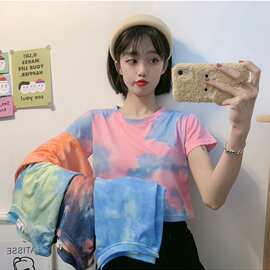 泰国ins网红扎染短款短袖T恤女2021宽松韩版bf原宿风高腰露脐上衣