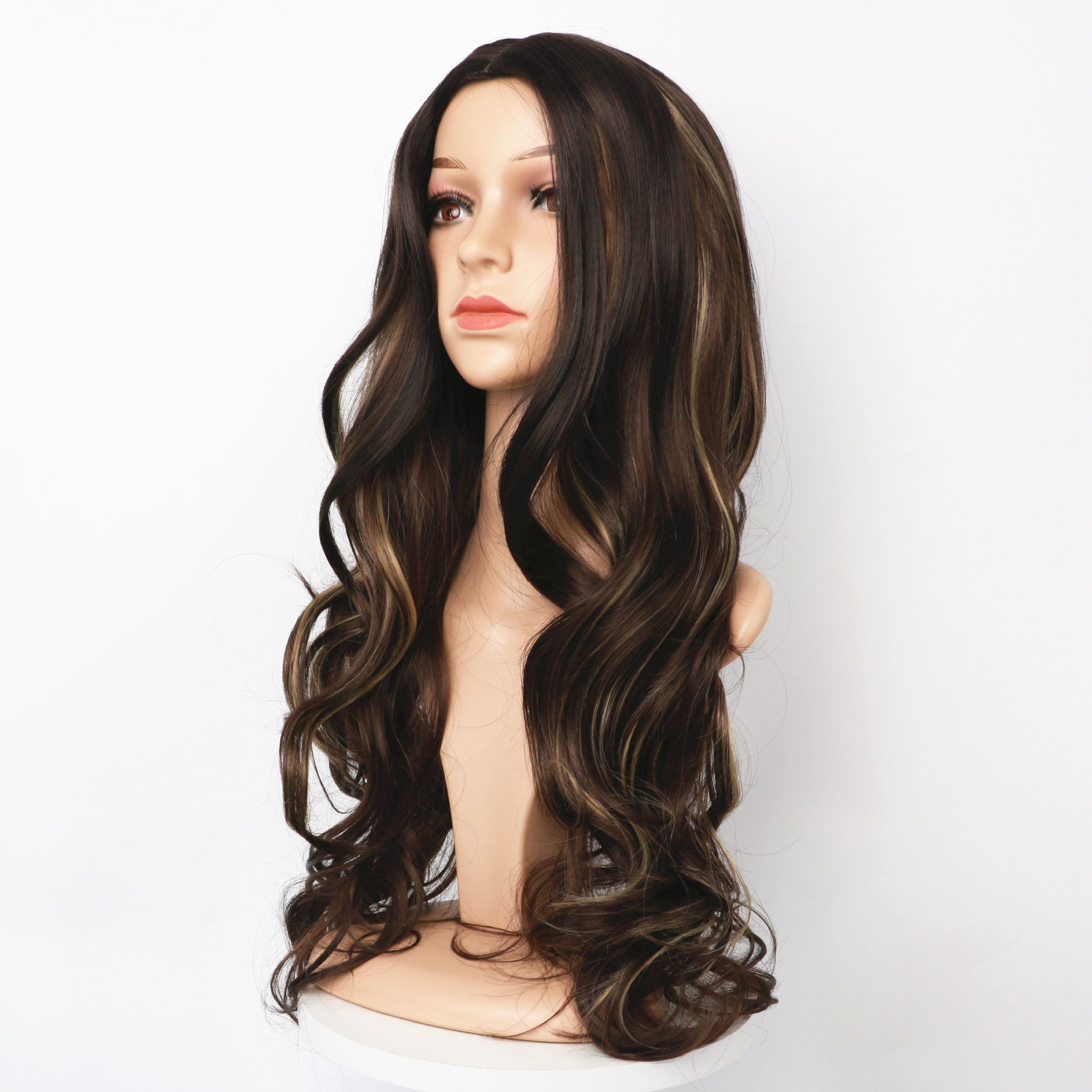 Συνθετική περούκα 2023 Νέα περούκα Γυναικεία μεσαία σχισμένη μακριά σγουρά με μεγάλους κυματισμούς καφέ κηλίδας, βαμμένη από συνθετικές ίνες για μαλλιά ολόκληρο σετ κεφαλιού_voghion.com