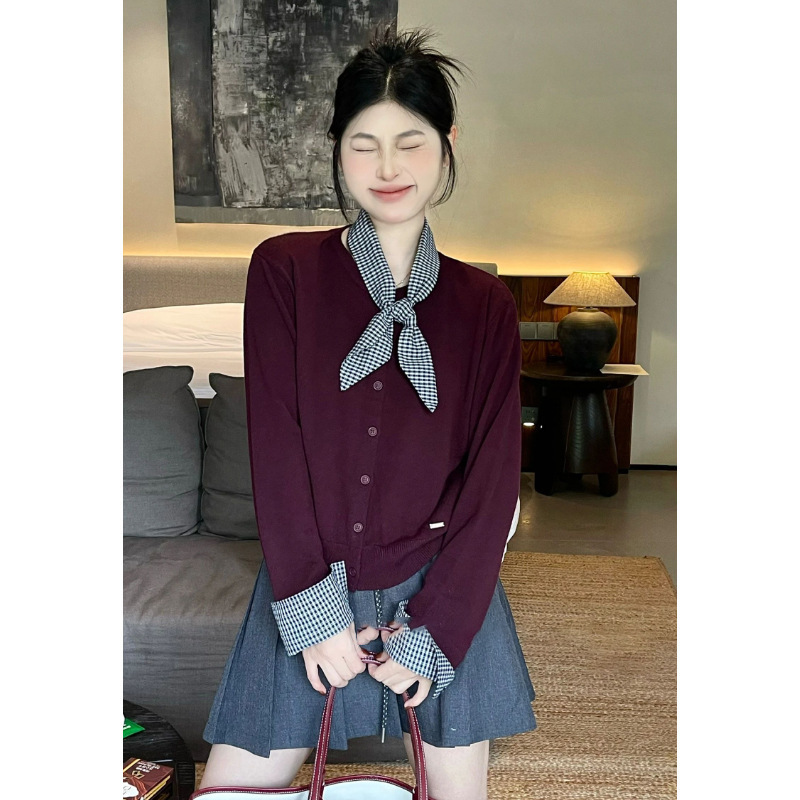 早秋新款假两件圆领毛衣外套女装2025韩系高级感气质针织开衫上衣|undefined