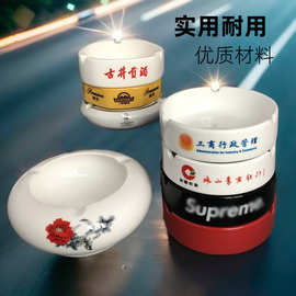 厂家生产陶瓷烟缸印刷logo 酒店白色欧式三孔烟灰缸广告图案色釉