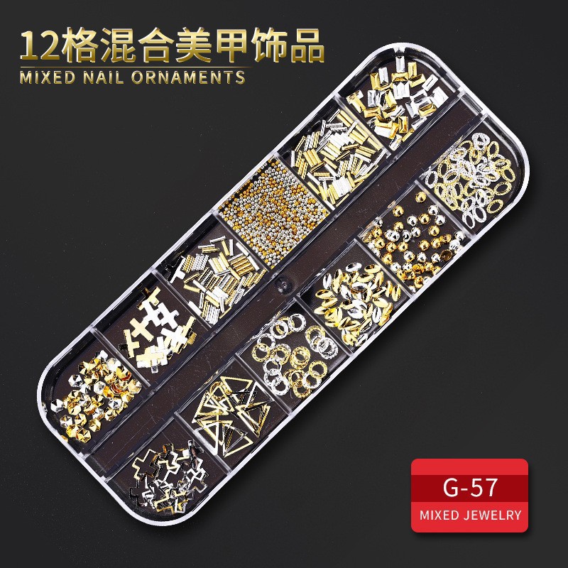 Juego completo transfronterizo de 12 compartimientos de remaches de metal, diamantes de imitación, Xingyue, piezas de concha de diamantes, accesorios para uñas, adornos para uñas