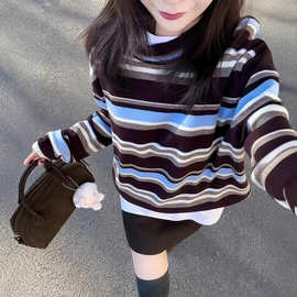 法式复古撞色条纹长袖针织衫女早秋独特超好看设计感宽松一件代发