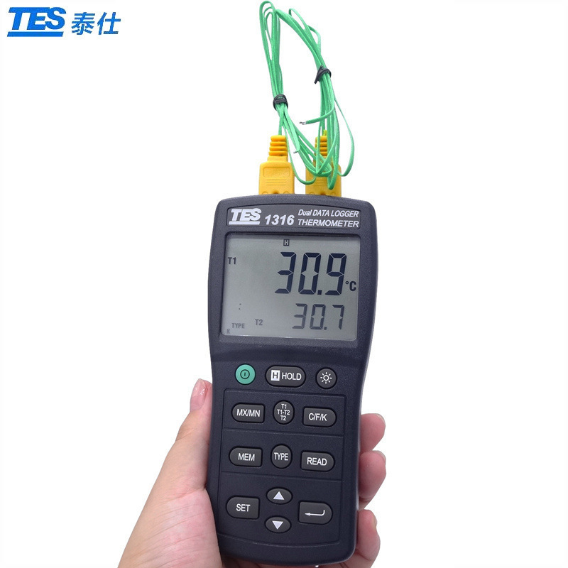 台湾泰仕TES-1315/1316接触式温度计USB连接双通道数显测温仪探头
