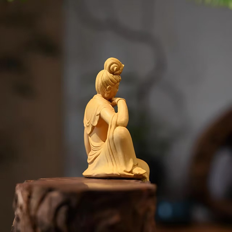 自在观音菩萨摆件黄杨木雕刻居家客厅禅意观世音木质立体感工艺品|undefined