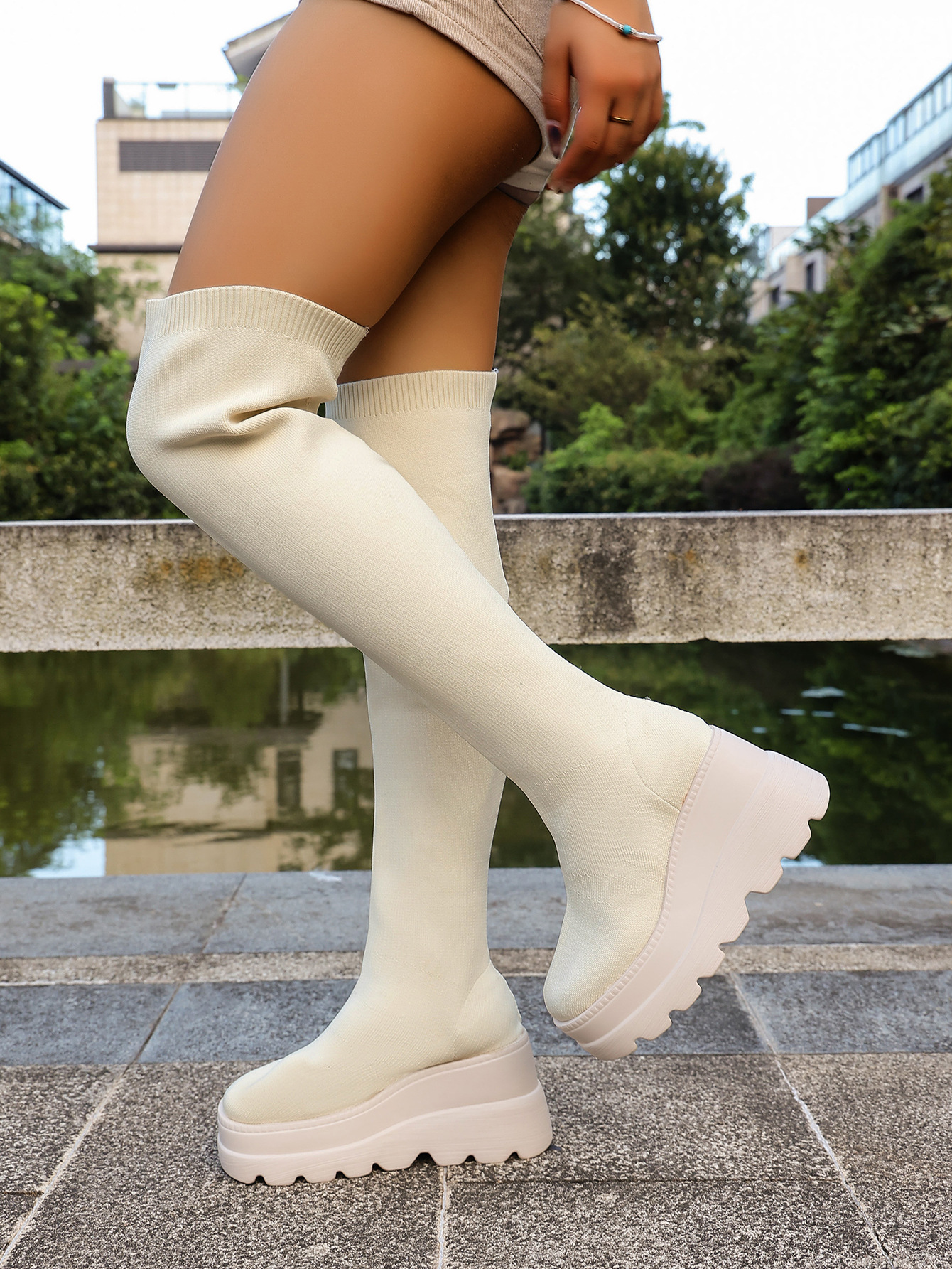 Women's Plus Size Over The Knee Wedge Boots Elastic Sock Style_voghion.com