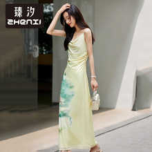 臻汐新款古典水墨印花网纱拼接吊带裙女气质显瘦连衣裙长裙DQ885