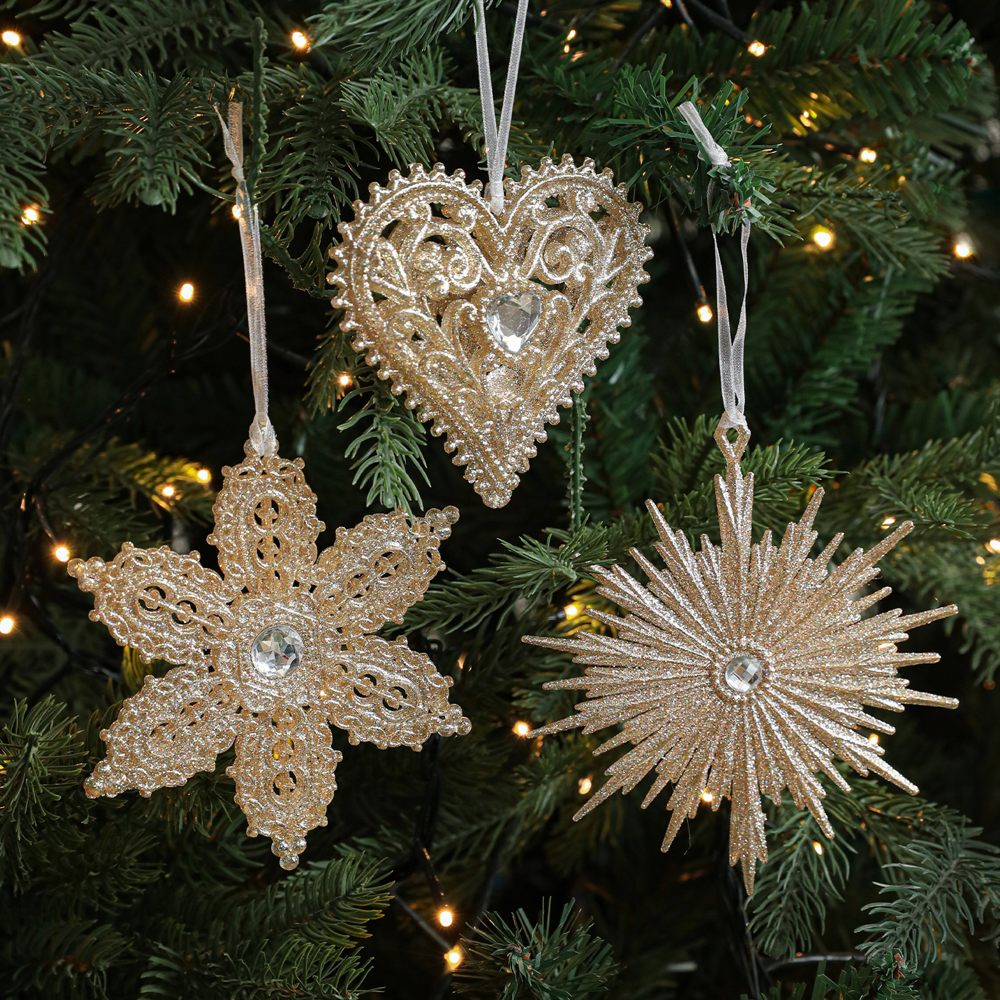 Polvo de champaña transfronterizo polvo de oro colgante retro copo de nieve amor plástico hueco decoración de árbol de Navidad colgante