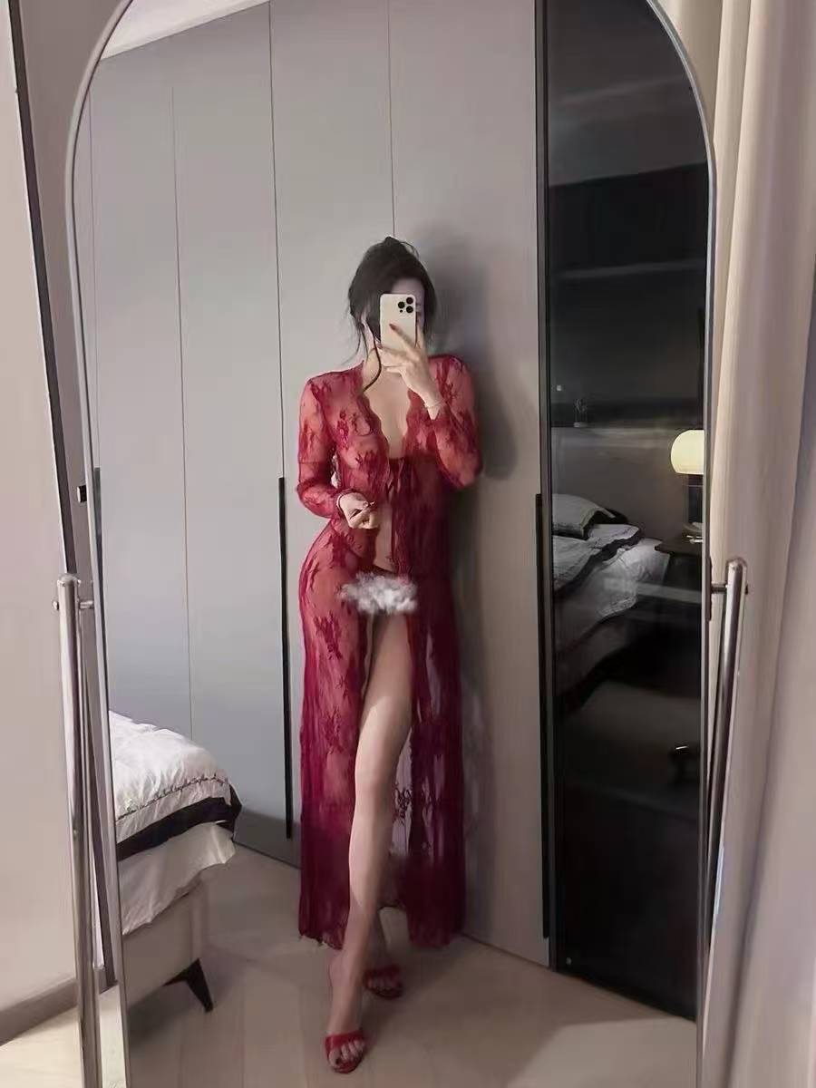 See-Through Lace Babydoll Nightgown Set, Tie-Up Chest Detail, Red One Size — detail image 3