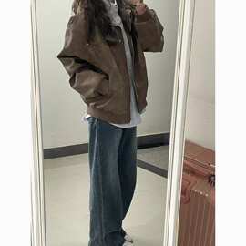 原版面料美式复古棕色翻领外套女春秋款仿麂皮绒PU高级夹克上衣
