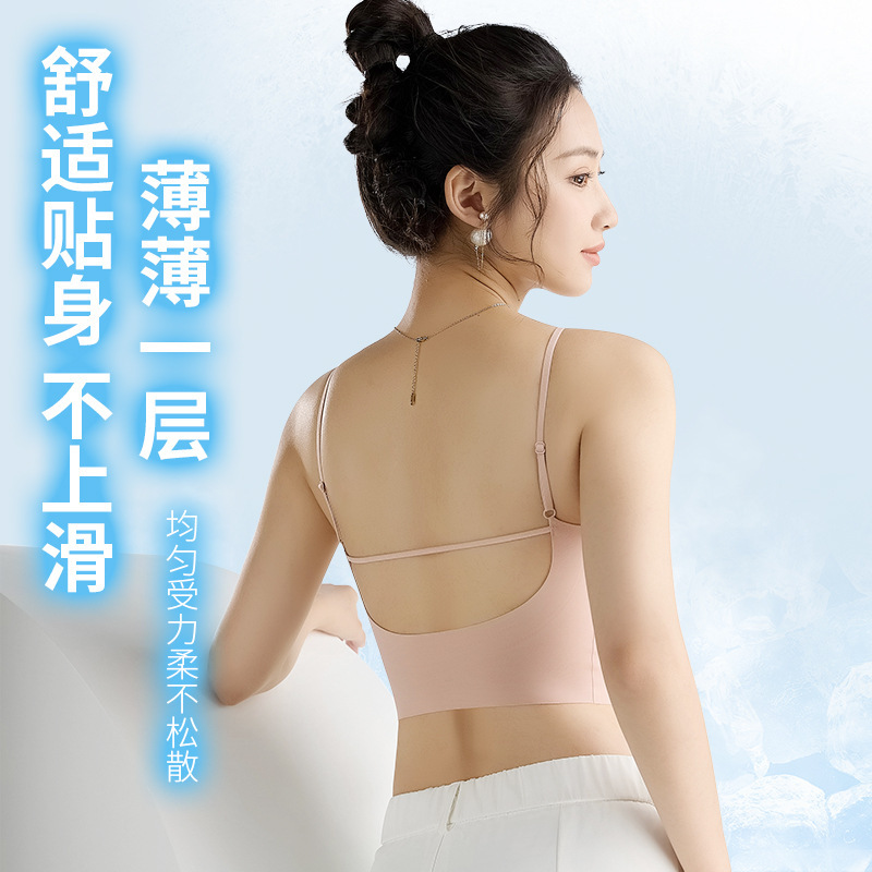 7A シームレスアイスシルク通気性ゼリーストリップソフトサポートバックビューティー下着女性用プッシュアップ露出防止固定カップサスペンダーバストラップ|undefined