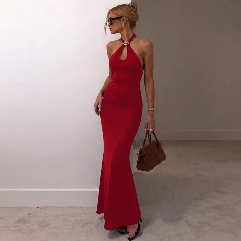 European And American Women's Clothing 2026 Summer New Metal Buckle Neck Strap Slim And Thin Spice Girl Dress_ecoleips.com