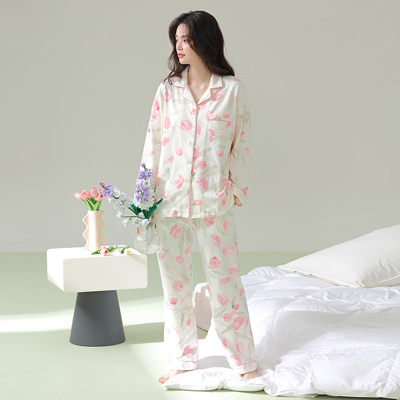 (항진드기 및 항균) 새로운 가을 순수 코튼 잠옷 여성 가디건 튤립 프린트 긴 소매 홈웨어 세트