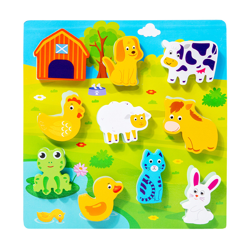 Jardín de infantes iluminación cognitiva infantil dibujos animados cognición animal agarrar tablero de madera puzzle tridimensional juguetes de madera image 13