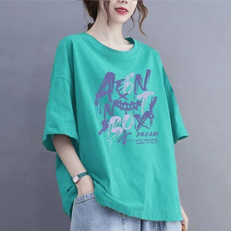 100kg 夏大きいサイズの純綿 Tシャツ半袖ルーズお腹カバーシャツアウターウェア痩身カバーフlesh ラウンドネックトップ女性用|undefined