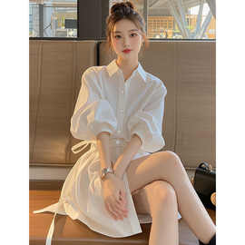 2025夏季新款女装御姐别致绝美法式高级感收腰白色衬衫式连衣裙子