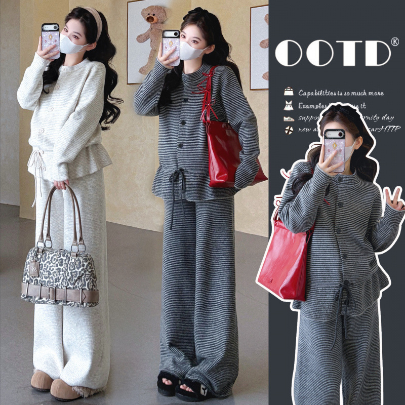 New Autumn/Winter Collection~Classic Retro Striped Contrast Color Tie-Back Design Wide-Leg Pants Knit Sweater Loose-Fit Set for Pregnant Women New Autumn/Winter Collection~Classic Retro Striped Contrast Color Tie-Back Design Wide-Leg Pants Knit Sweater Loose-Fit Set for Pregnant Women