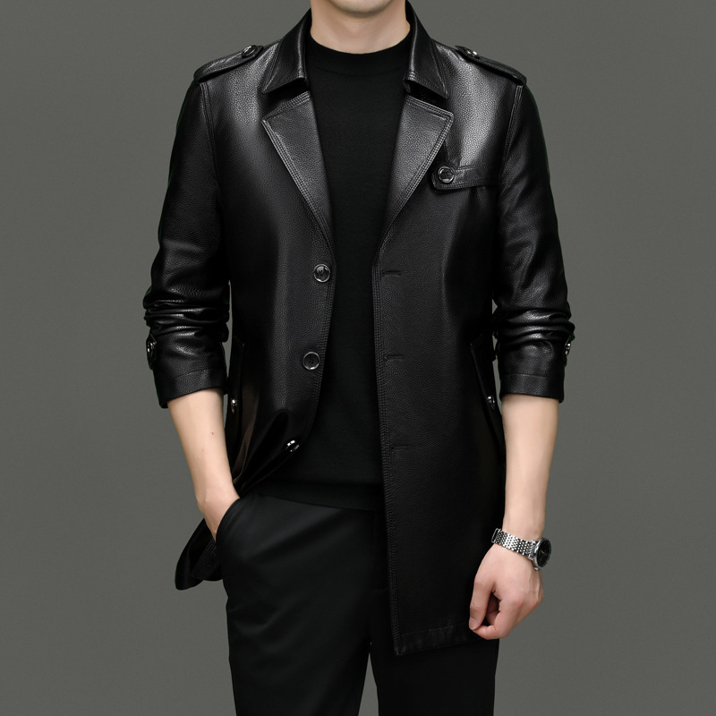 Hong Kong Paul Leather Jacket 2025 Autumn and Winter New Middle-Aged Men's Suit Collar Plus Velvet High-End Mid-Length Leather Windbreaker
