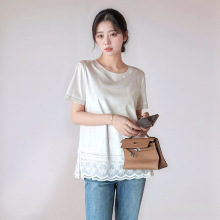 2025春夏新款白色棉T恤女士百搭宽松圆领花边短袖上衣内搭打底衫