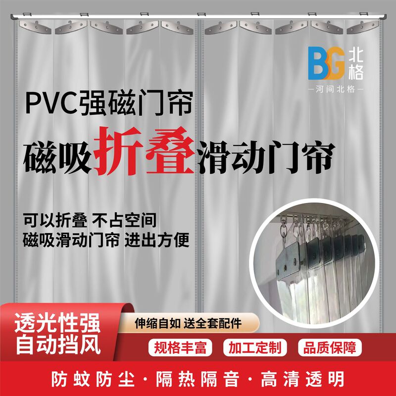 Transparent Folding Door Curtain for Warehouse Dustproofing, Folding Door Curtain for Workshop Partitioning, Double-Opening Sliding Track Door Curtain, No-Drill Curtain