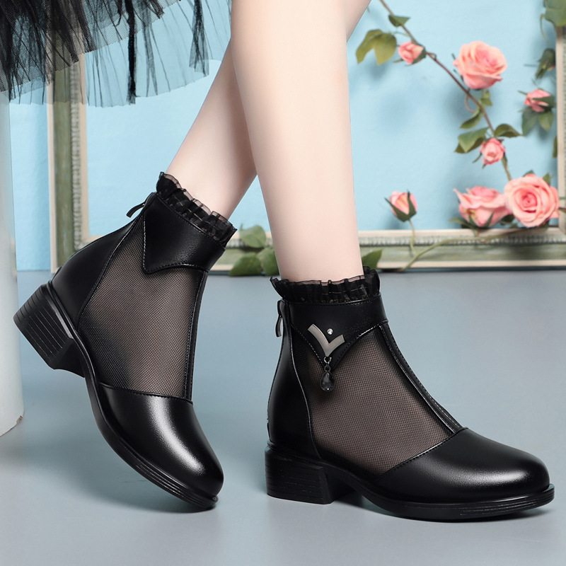 Boot lưới nữ da thật đế mềm cổ thấp hở mũi — màu đen